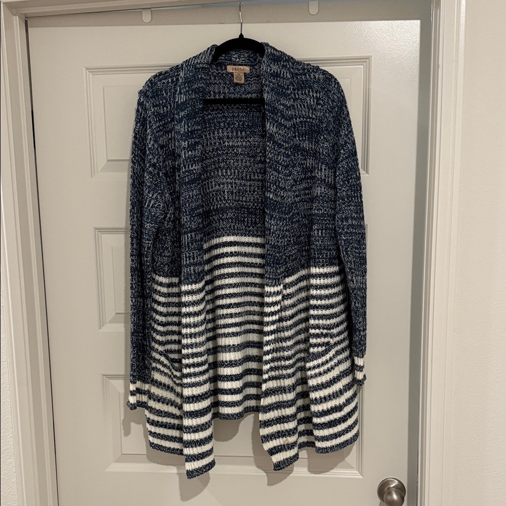 Fresh Dark Blue and White Striped Cardigan